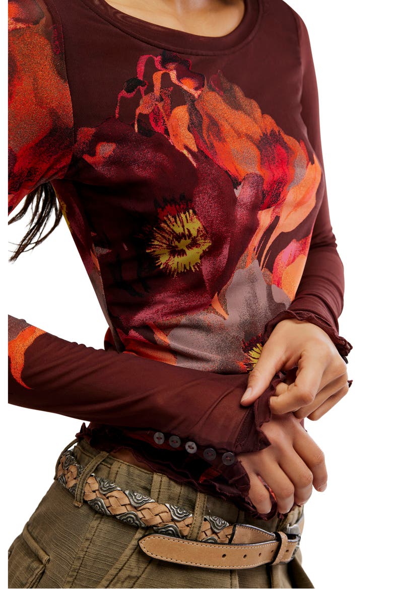 Lilly Print Long Sleeve Mesh Top, Alternate, color, COCOA COMBO