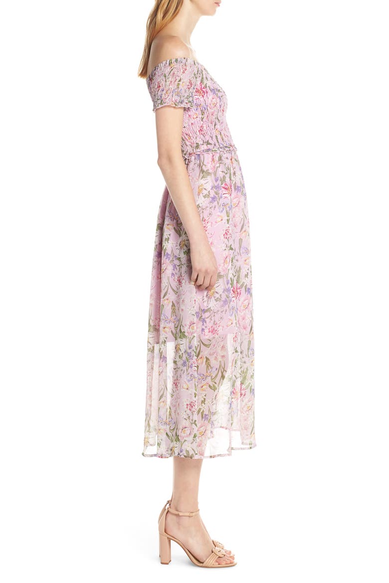 Smocked Off the Shoulder Dress, Alternate, color, PETAL PINK MULTI