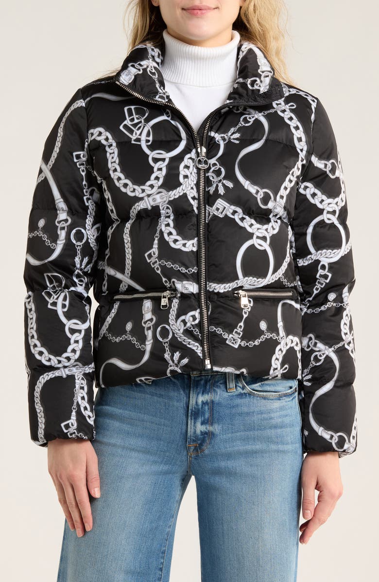 L'AGENCE Stowe Chain Print Puffer, Main, color, Black/ White Buckle Chain