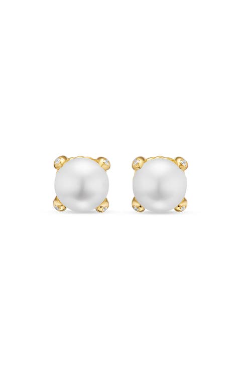Pearl Classics Stud Earrings in 18K Yellow Gold & Diamonds, 6.6mm