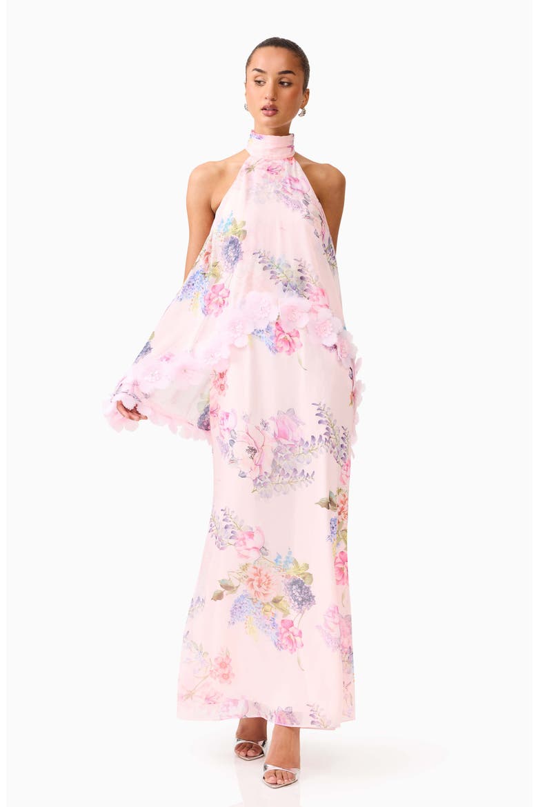 Millie Floral Appliqué Tiered Halter Neck Gown, Alternate, color, PINK MULTI