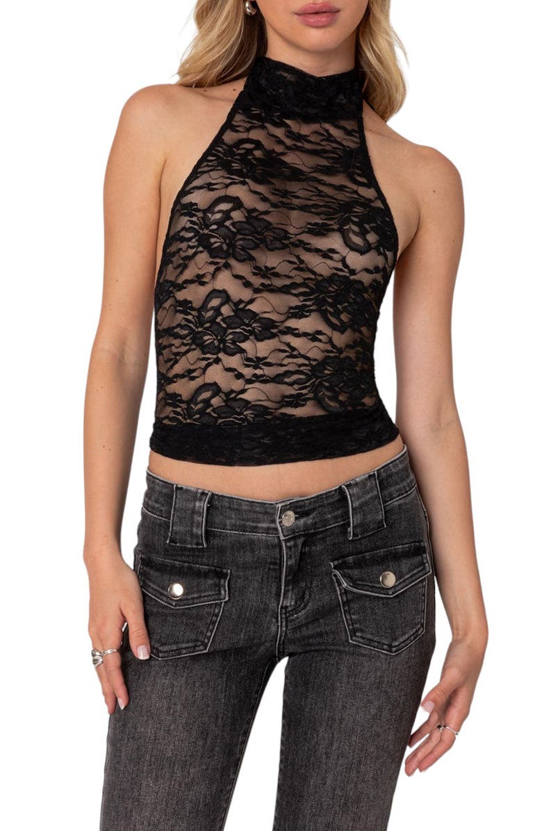 EDIKTED Alena Sheer Lace Halter Top, Main, color, Black