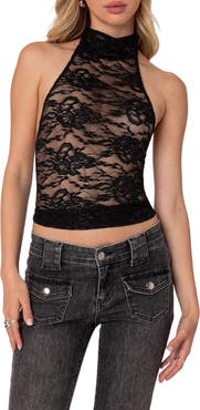EDIKTED Alena Sheer Lace Halter Top