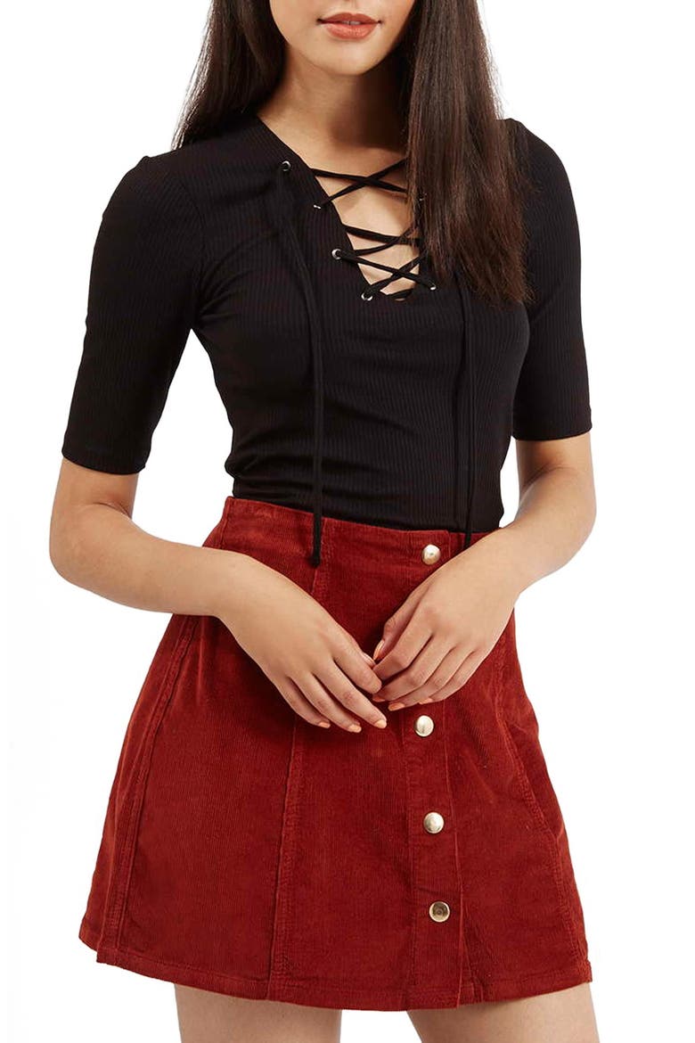 Lace-Up Short Sleeve Crop Top, Main, color, BLACK