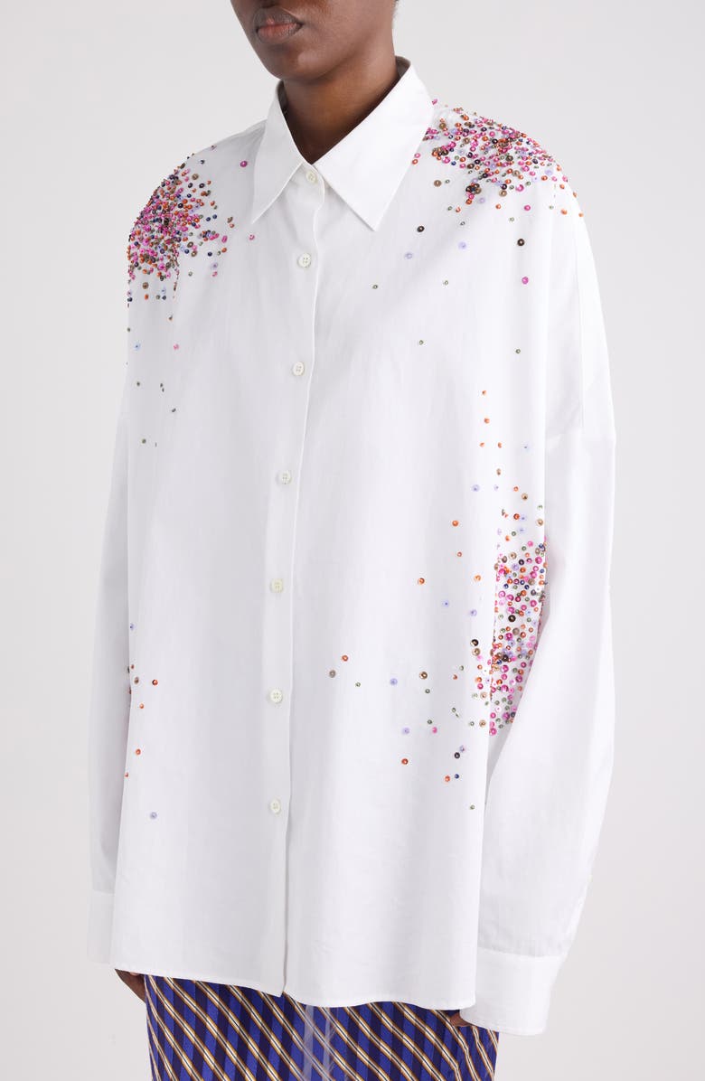 Dries Van Noten Cenver Firework Embroidered Cotton Poplin Button-Up Shirt, Alternate, color, White