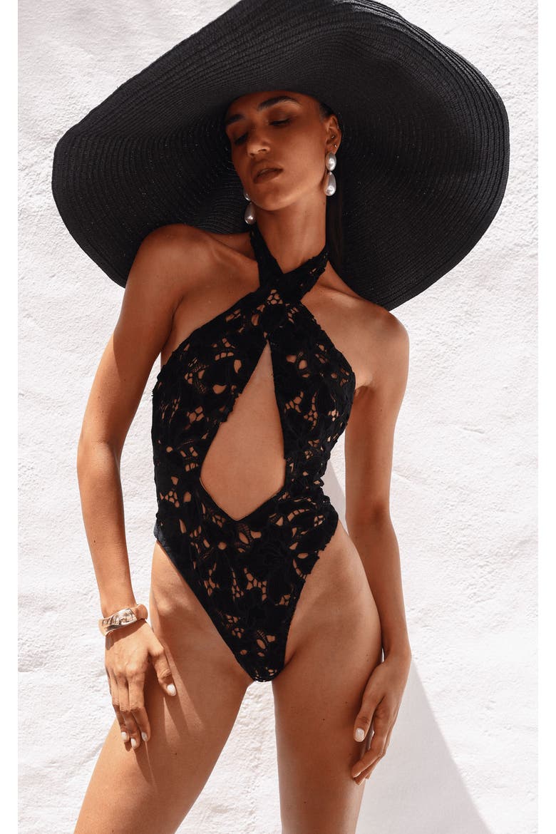 Breanna Velvet Lace Crossover Halter Swimsuit, Alternate, color, Black