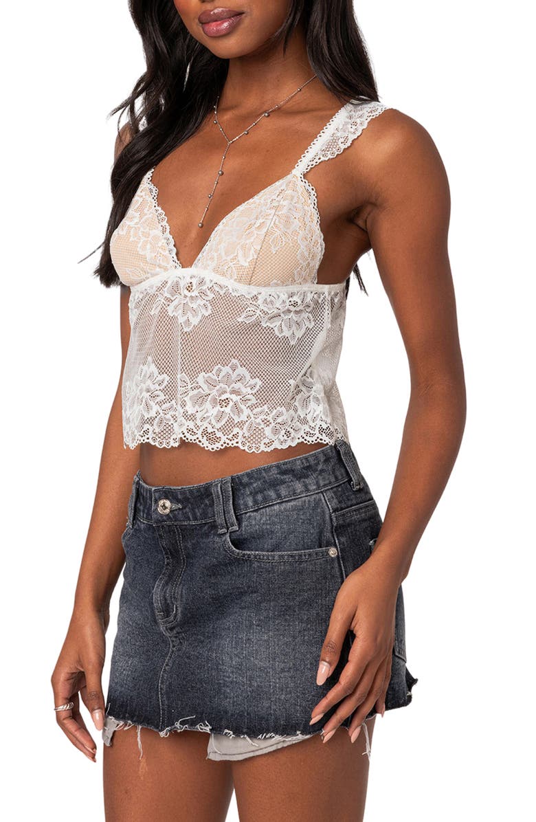 EDIKTED Jasmine Sheer Lace Crop Tank Top, Alternate, color, White