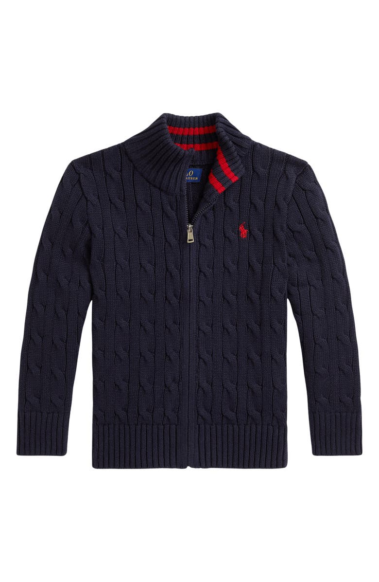 Polo Ralph Lauren Cotton Cable Zip Cardigan, Main, color, Navy