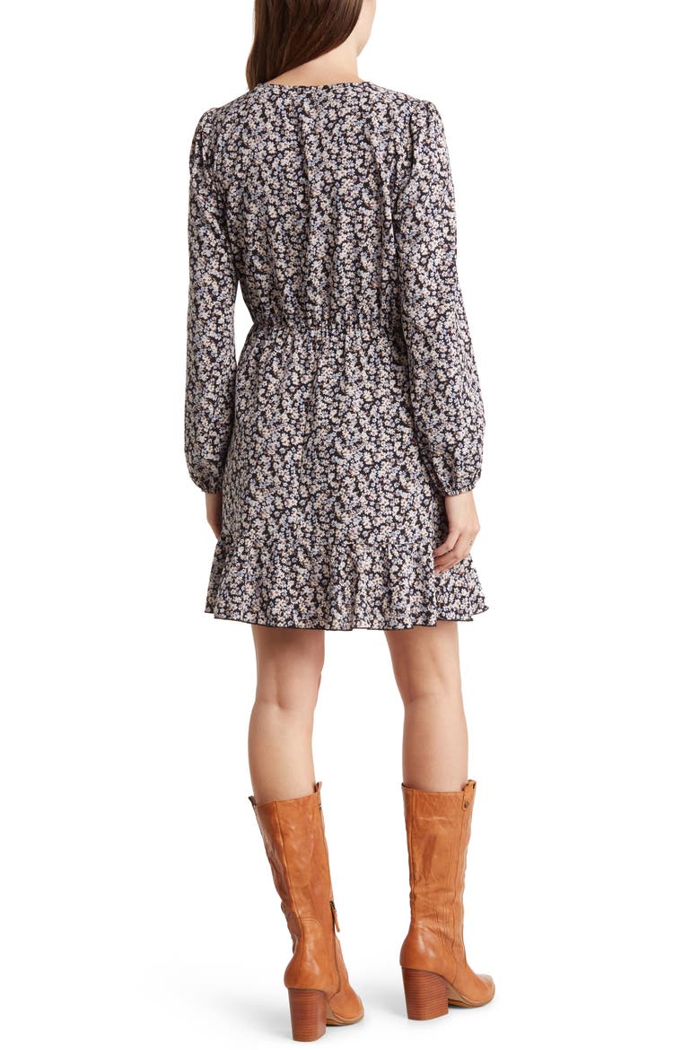 Long Sleeve Ruffle Hem Wrap Dress, Alternate, color, BLACK DAISY CLUSTER