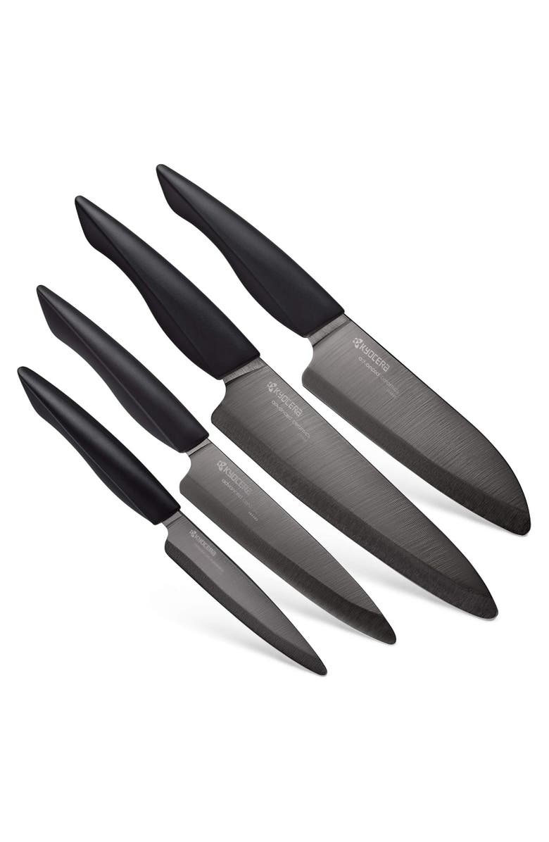 Kyocera INNOVATIONblack<sup>®</sup> 4-Piece Ceramic Knife Set, 4.5-Inch Utility, 5-Inch Slicing, 5.5-Inch Santoku, & 7-Inch Chef's Knife, Main, color, Black