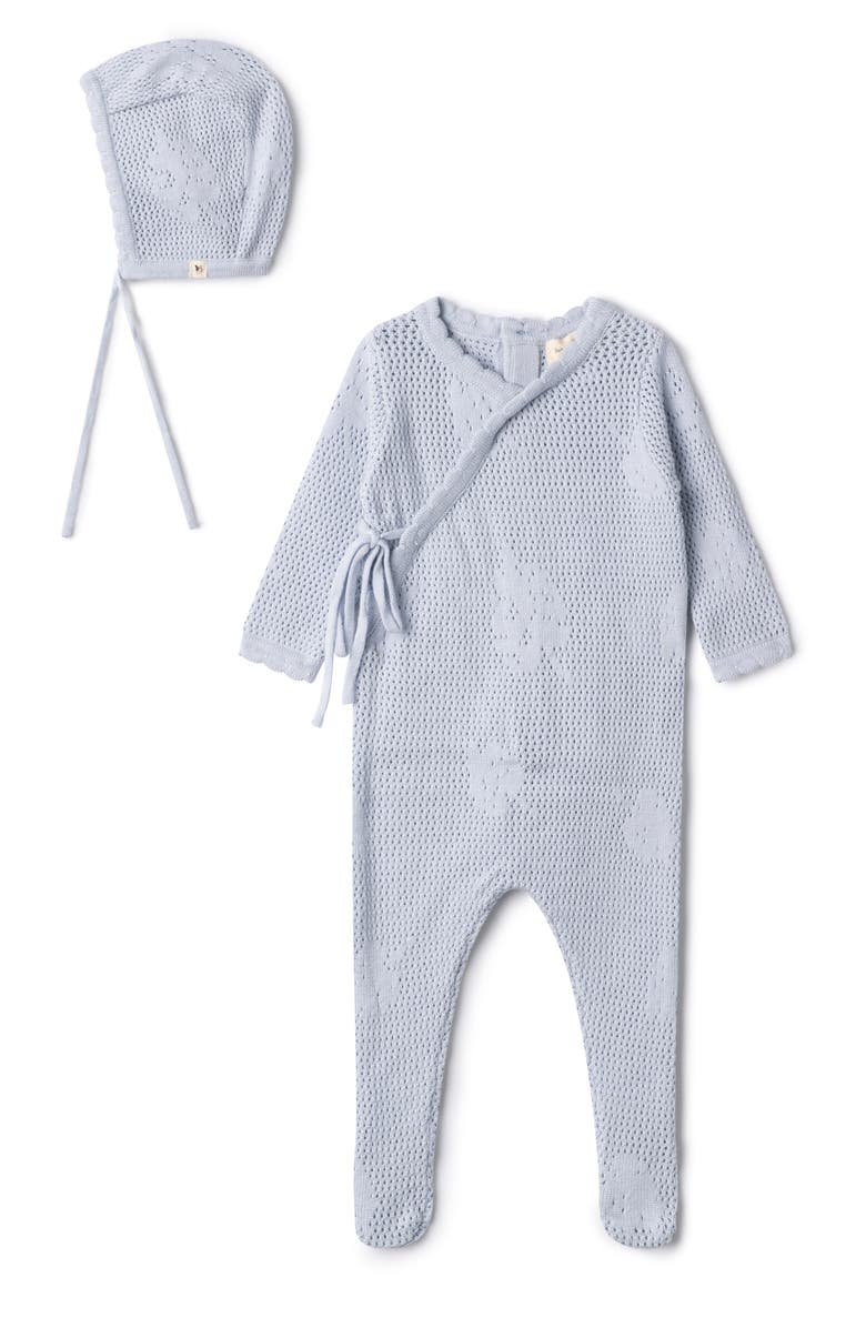 Bebe Bella Boy Pointelle Flower Knit Romper with Bonnet, Main, color, Blue