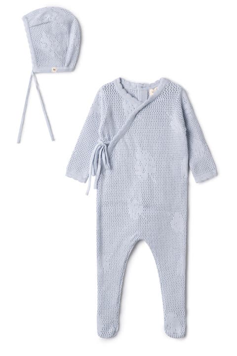 Boy Pointelle Flower Knit Romper with Bonnet (Baby)