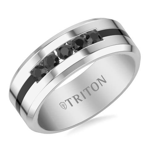8MM Tungsten Carbide Ring with Channel Set Black Sapphires and Black Tungsten Line with Step Edge