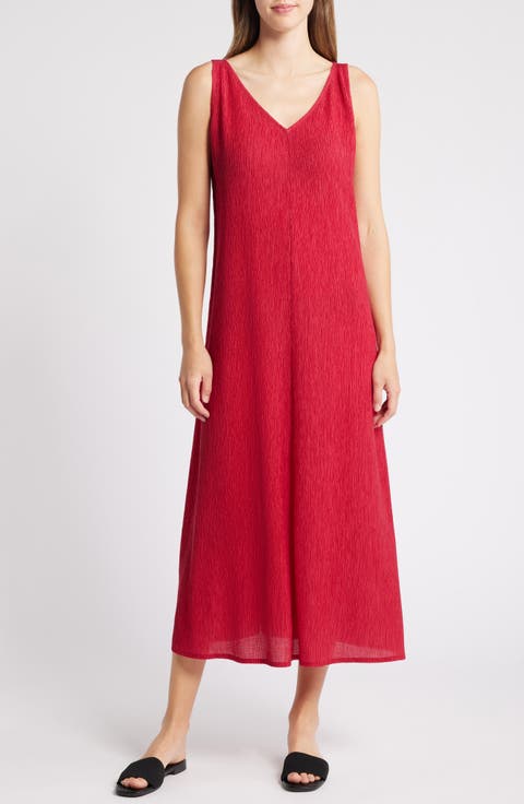 Crinkled V-Neck Midi Dress