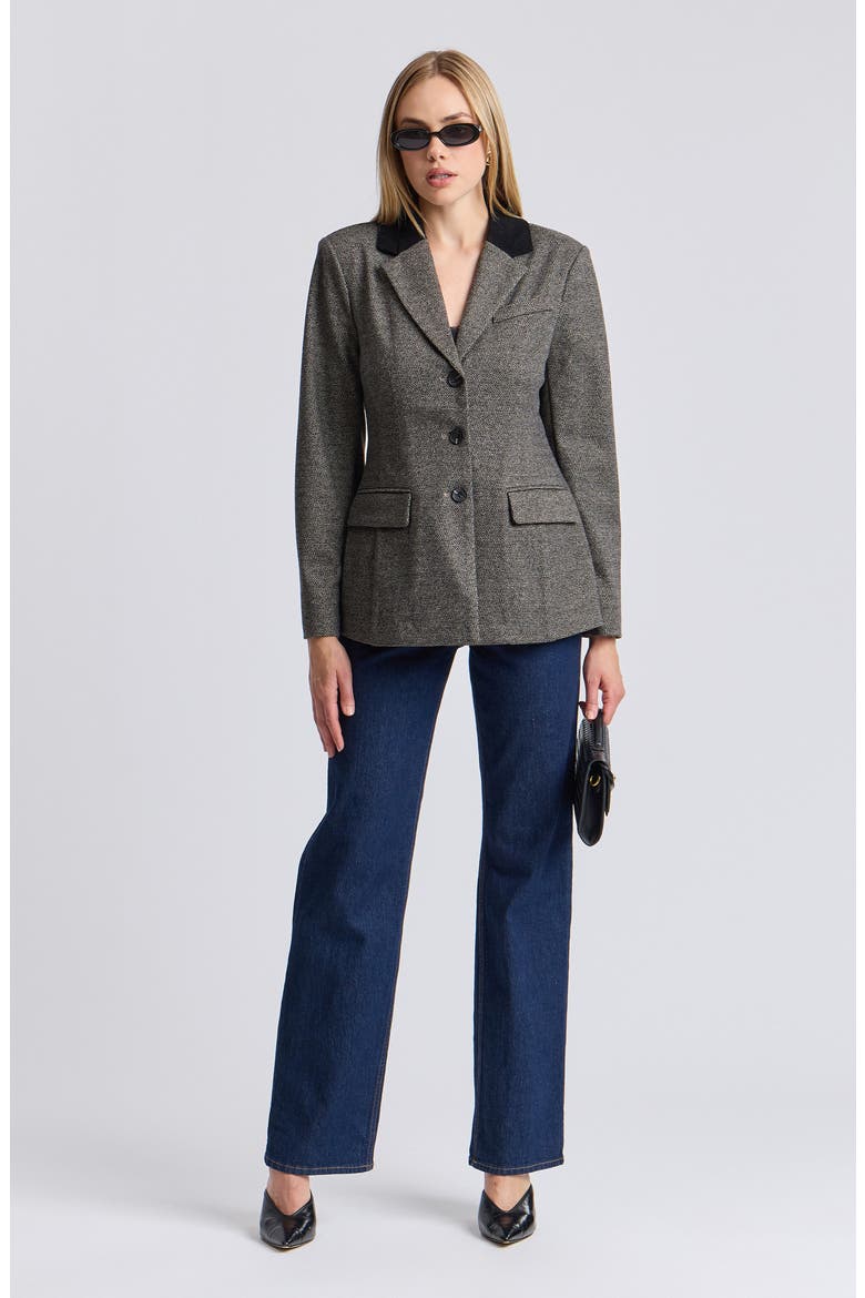 Knit Jaquard Hourglass Blazer with Corduroy Collar, Alternate, color, BLACK TAUPE