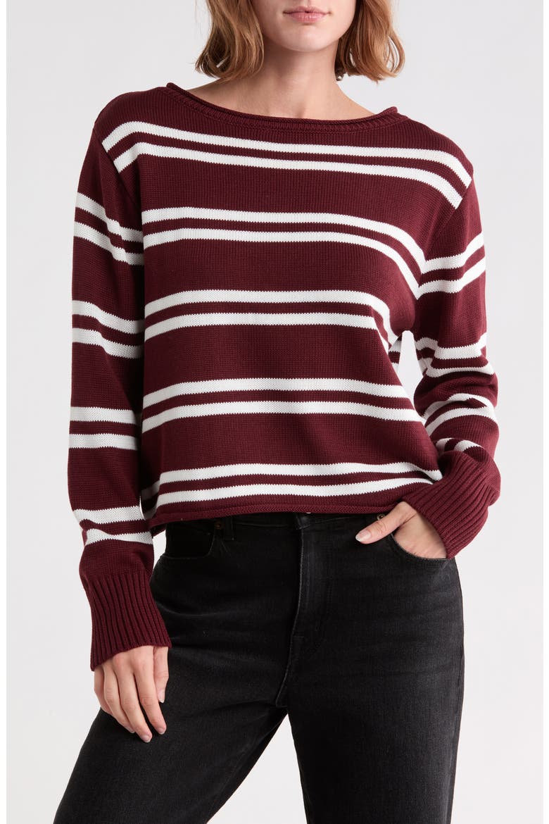Stripe Boat Neck Crop Sweater, Main, color, DARK CHERRY/ CREME