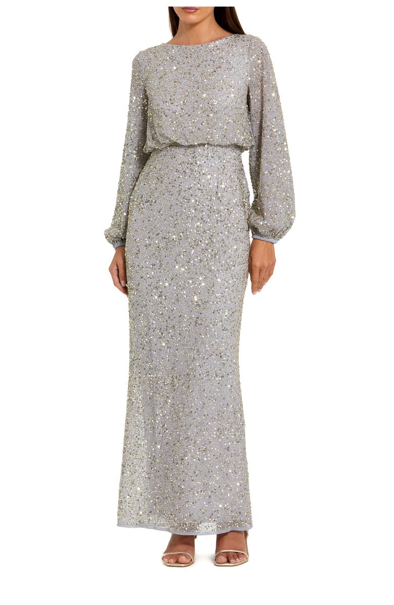 Mac Duggal Beaded Mesh Blouson Sleeve Evening Gown, Main, color, Platinum Gold