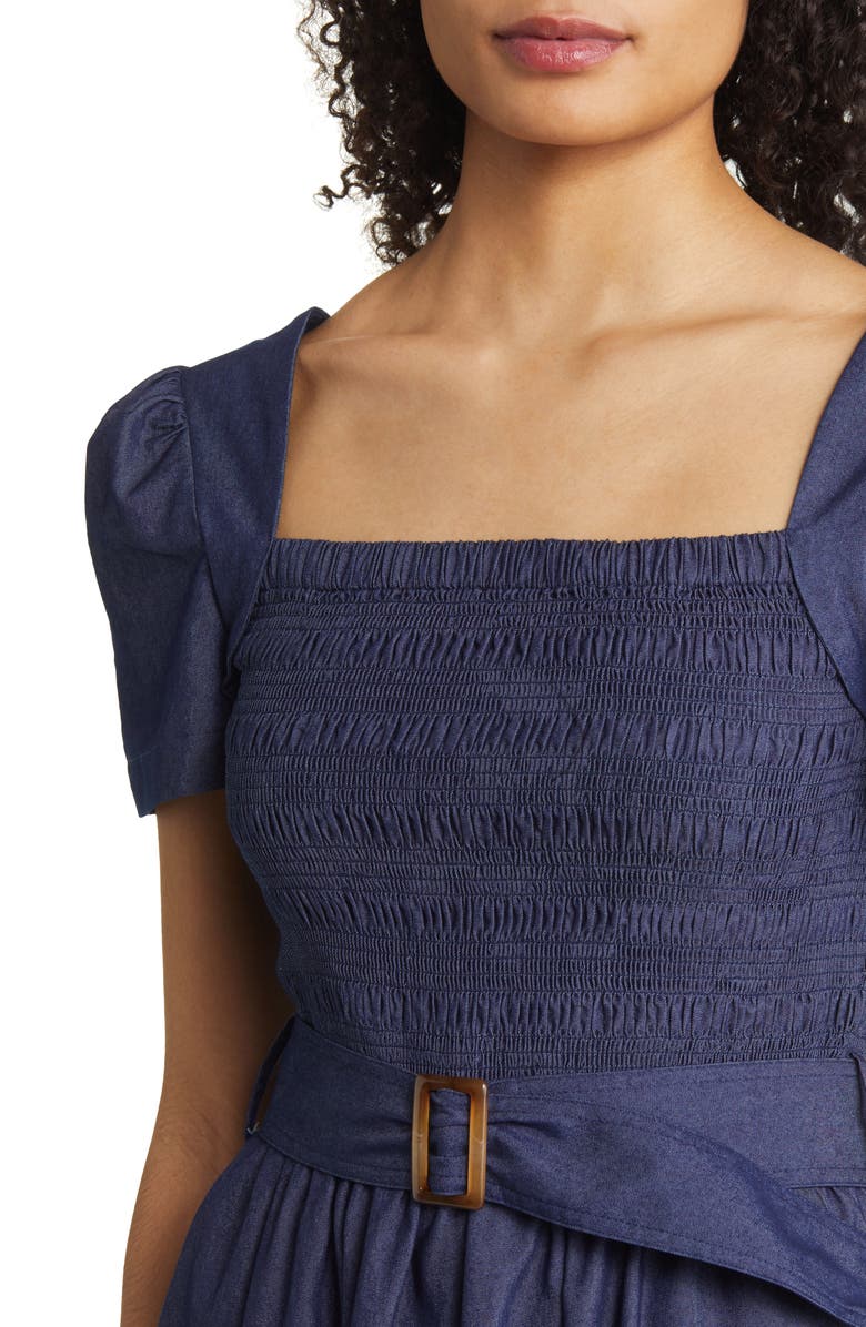 Tahari ASL Smocked Bodice Denim Midi Dress, Alternate, color, 