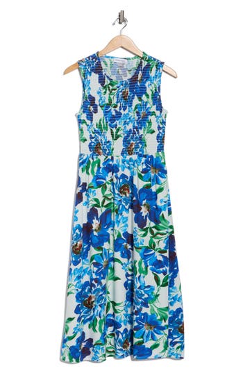 Calvin Klein Floral Smocked Sleeveless Fit & Flare Midi Dress In Multi