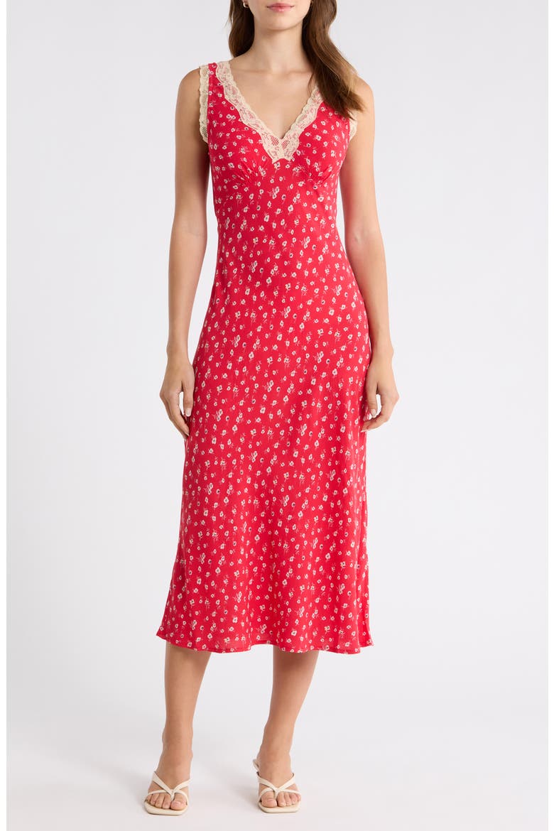Simone Lace Detail Ditsy Slipdress, Main, color, RED DITSY