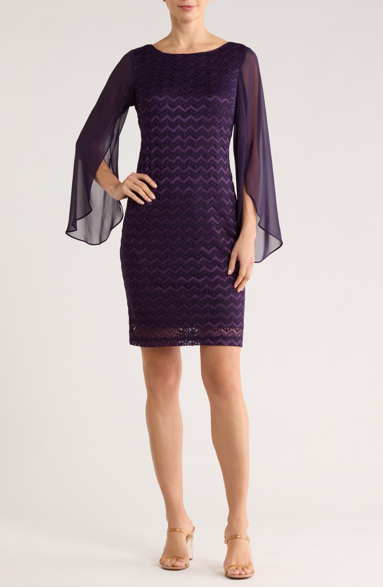 Connected Apparel Cape Sleeve Chevron Dress, Main, color, Eggplant