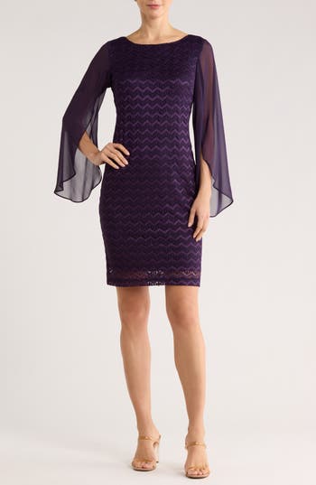 Connected Apparel Cape Sleeve Chevron Dress In Purple