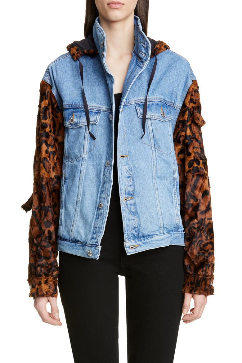 Leopard Hooded Denim Jacket, Main, color, LIGHT DENIM DARK