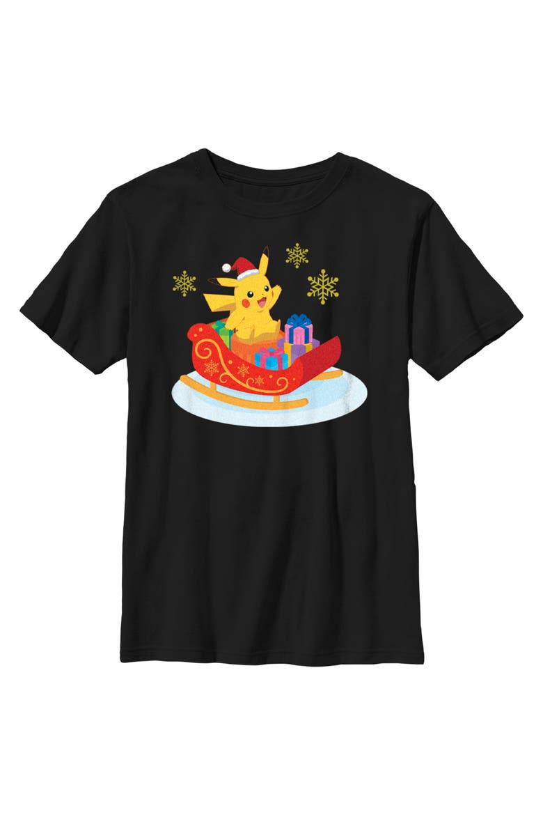 Boy's Pokemon Christmas Pikachu Sleigh  Graphic T-Shirt, Main, color, Black