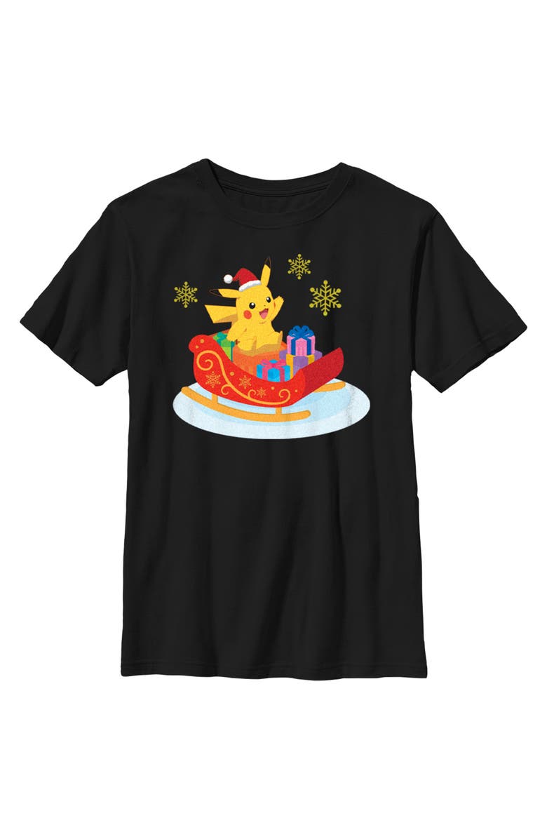 POKEMON Boy's Pokemon Christmas Pikachu Sleigh  Graphic T-Shirt, Main, color, Black