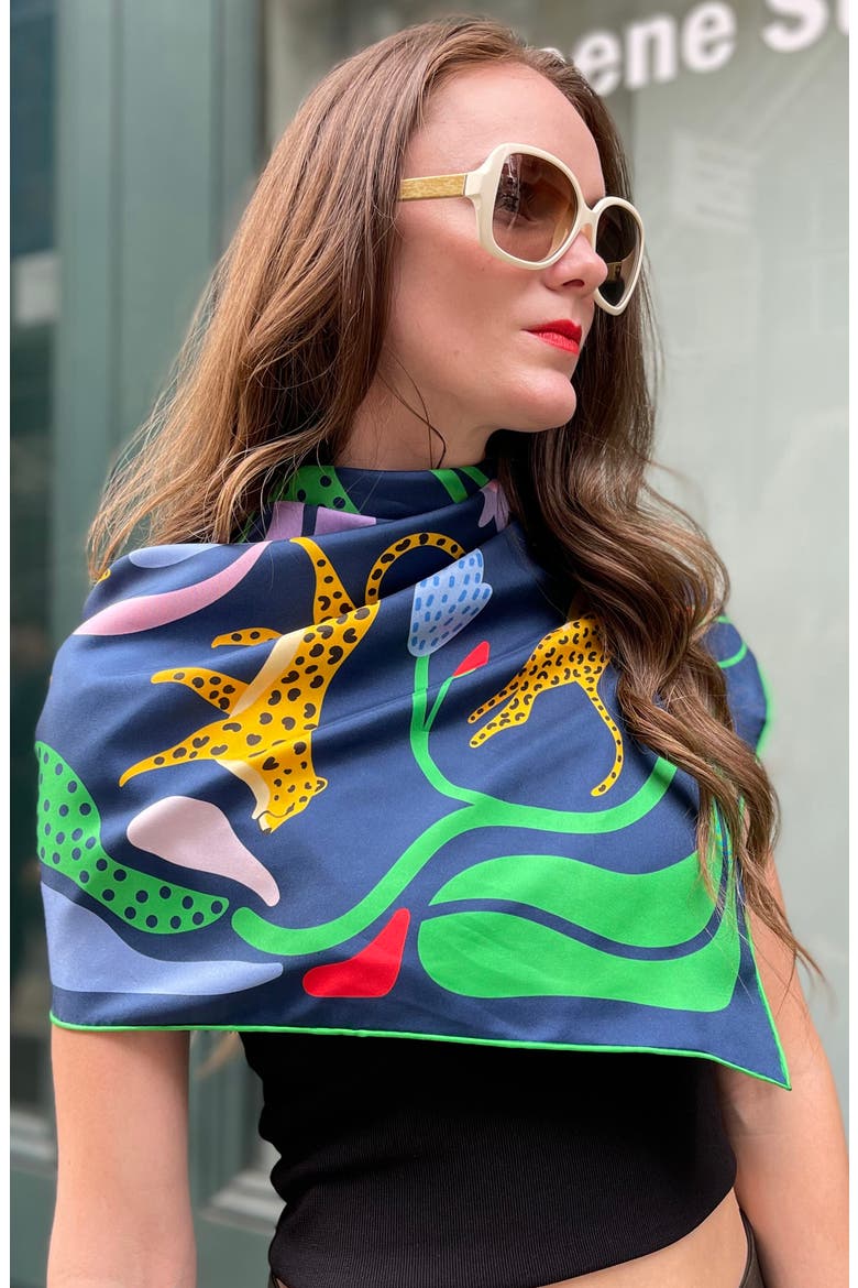 Double Sided Silk Scarf Of Jungle Night, Alternate, color, Blue