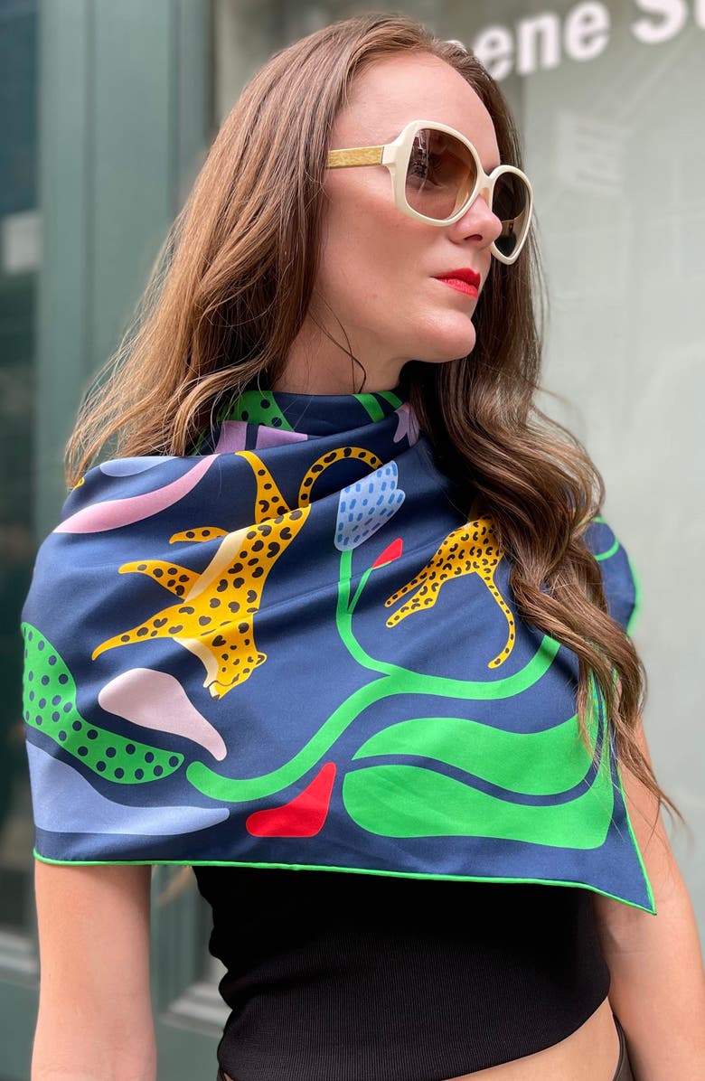 Jessie Zhao New York Double Sided Silk Scarf Of Jungle Night, Alternate, color, Blue