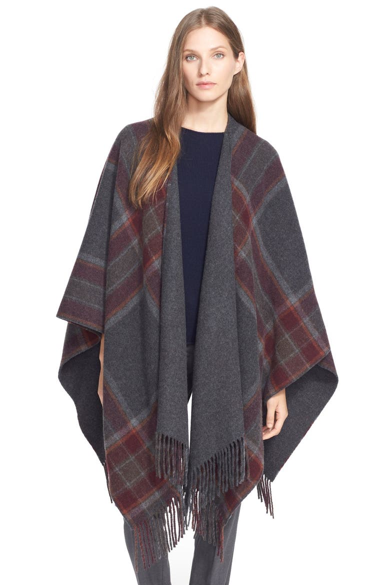 'Saiome' Plaid Wool Blend Poncho, Main, color, CHARCOAL/ BRICK MULTI