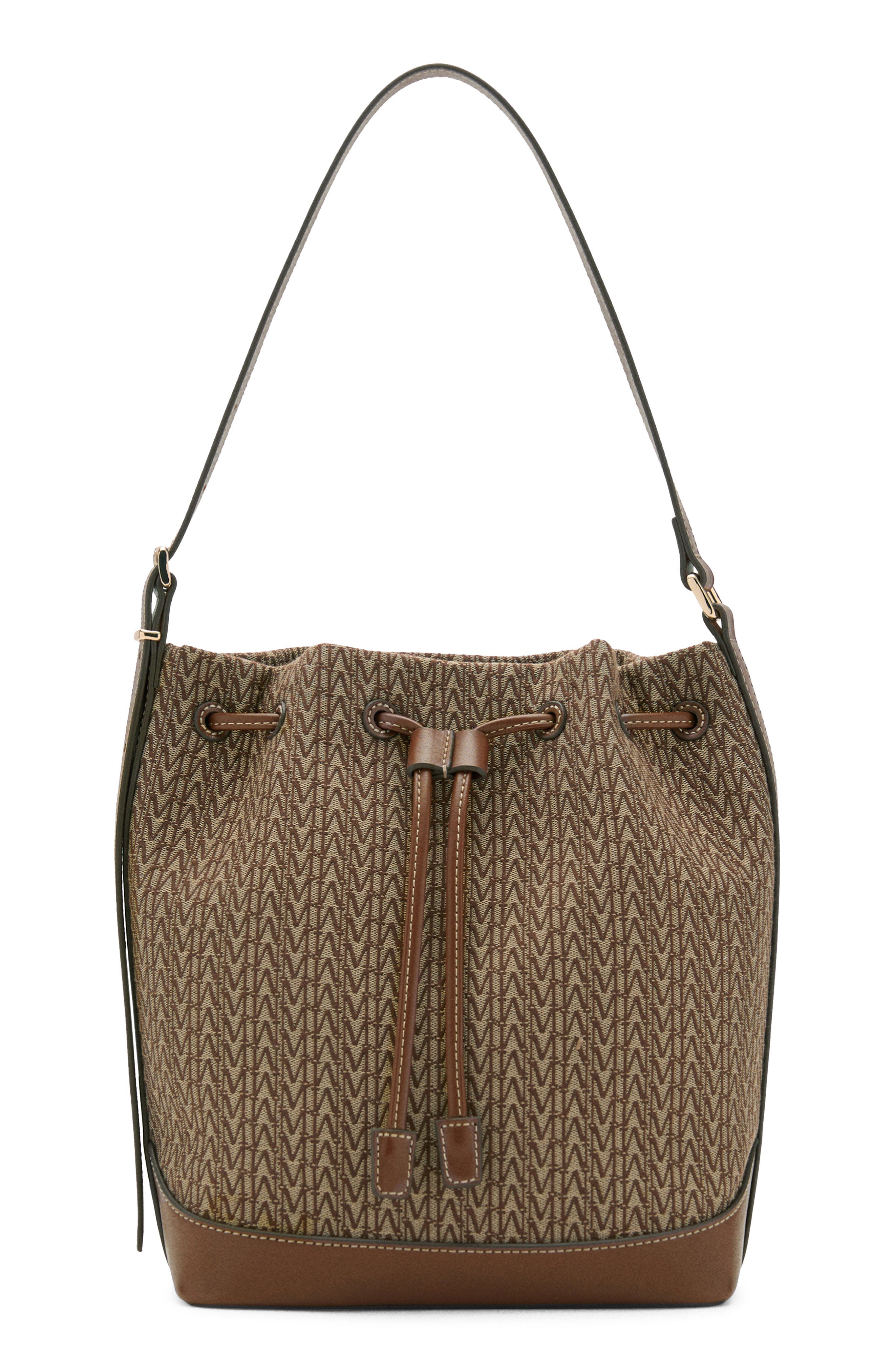 MANGO Logo Jacquard Bucket Bag, Main, color, Chocolate