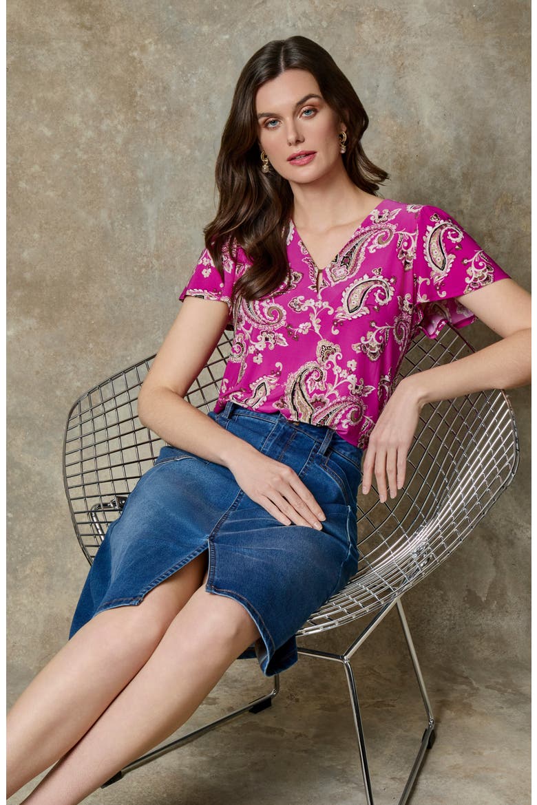 Paisley Flutter Sleeve Top, Alternate, color, BRIGHT ORCHID MULTI