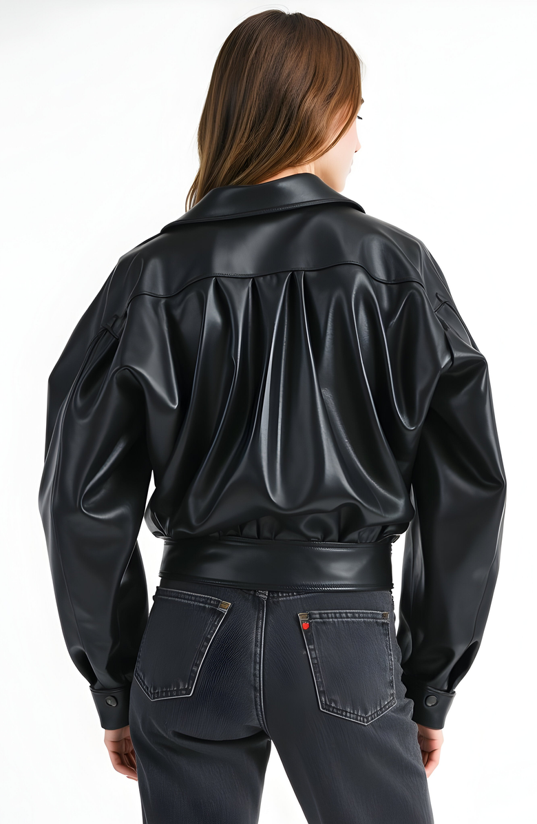 Modenaire Faux Leather Surplice Buttoned Waistband and Collar Jacket, Alternate, color, 