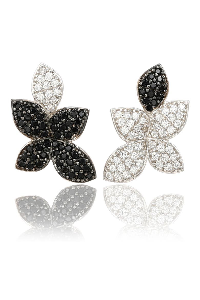 Sterling Silver Mismatched Flower CZ Pavé Earrings, Main, color, BLACK