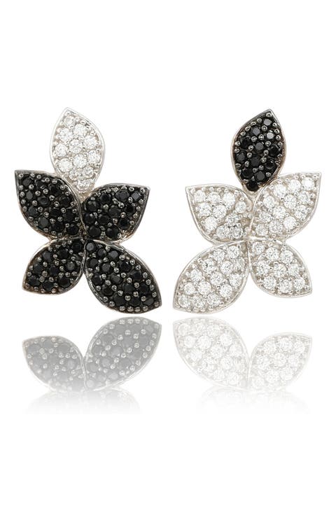 Sterling Silver Mismatched Flower CZ Pavé Earrings