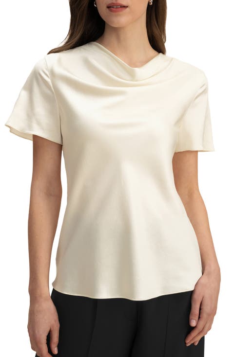 Cowl Neck Short Sleeves Silk T-Shirt