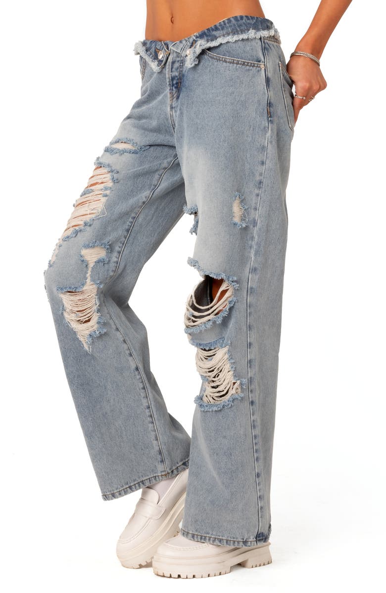 EDIKTED Foldover Low Rise Ripped Boyfriend Jeans, Alternate, color, Light-Blue