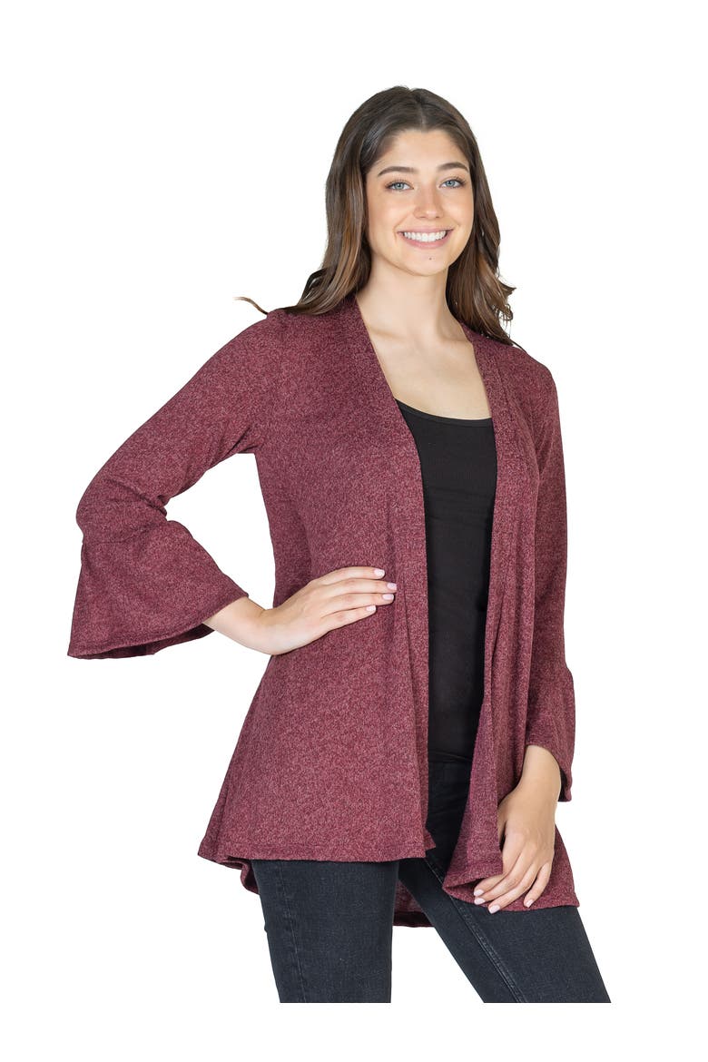 Womens Knit Three Quarter Bell Sleeve Open Cardigan, Alternate, color, Wine