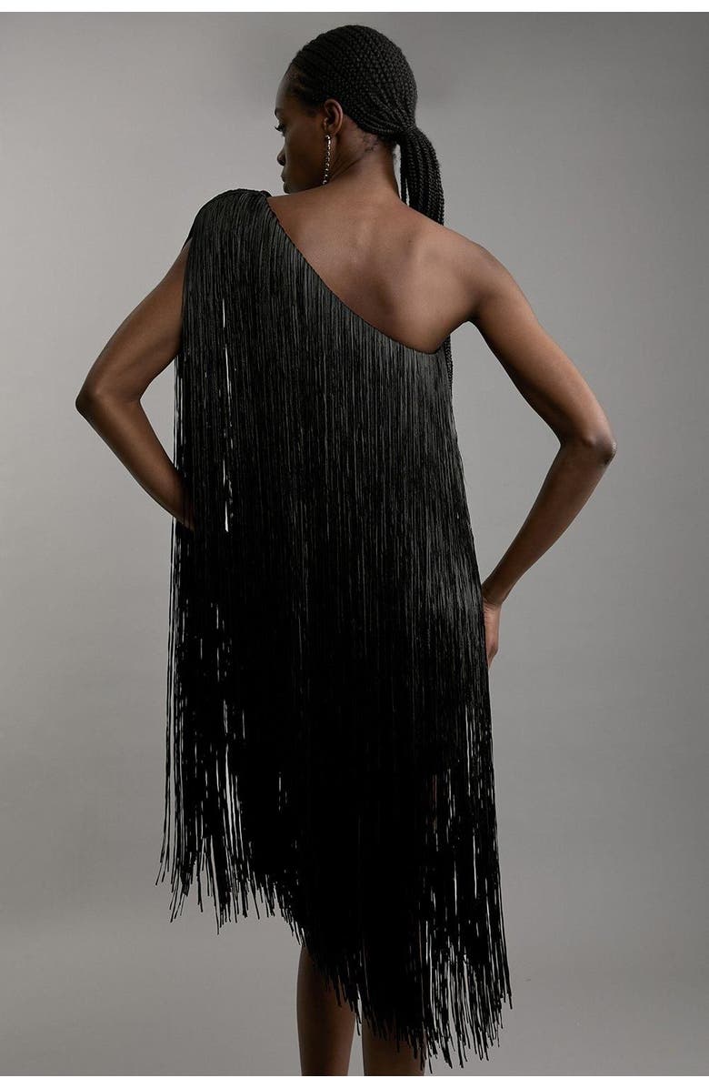 Karen Millen Asymmetric Draped Fringe Mini Dress, Alternate, color, Black