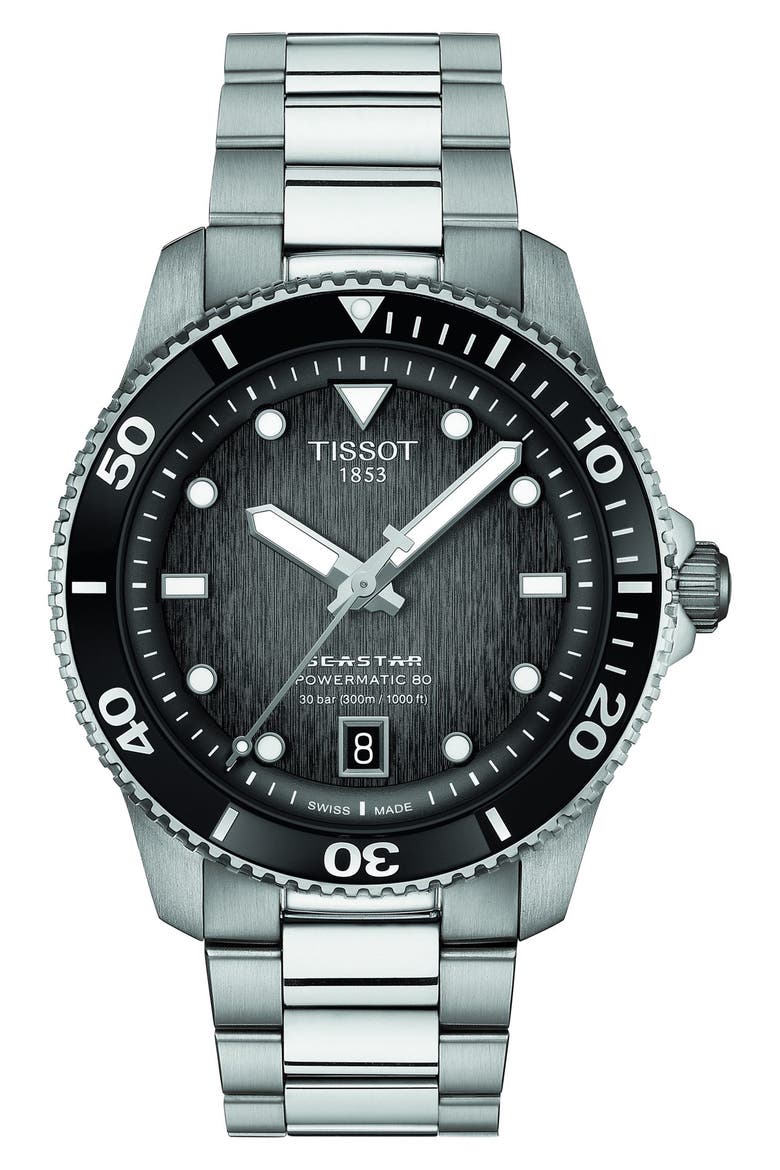 Tisso Seastar 1000 Powermatic 80 Bracelet Watch, 40mm, Main, color, BLACK/ SILVER