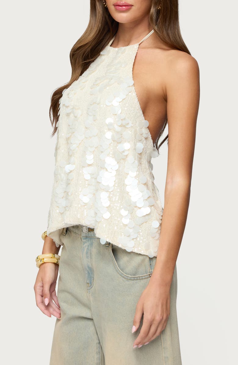 EDIKTED Ellorie Sequin Open Back Halter Top, Alternate, color, Cream