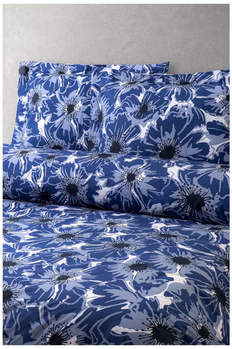 Awning Stripe & Poppy Reversible Cotton Percale Duvet Cover Set, Alternate, color, BLUE