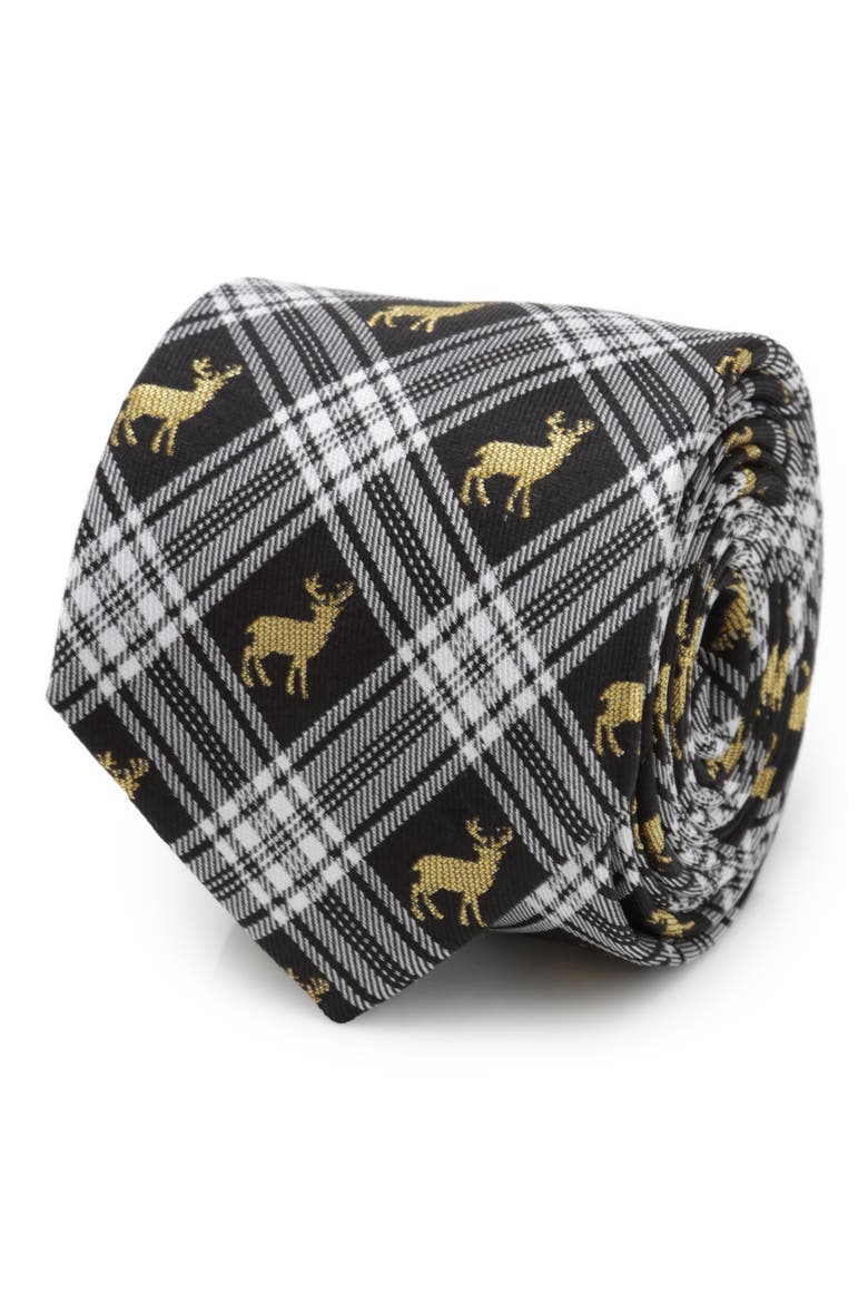 Stag Black Plaid Silk Tie, Alternate, color, BLACK
