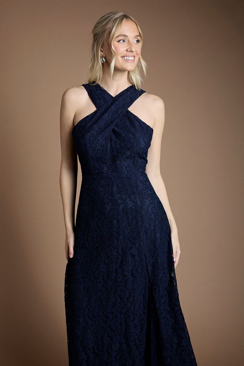 Cross Halter Neck Bridesmaid Maxi Dress, Alternate, color, Navy