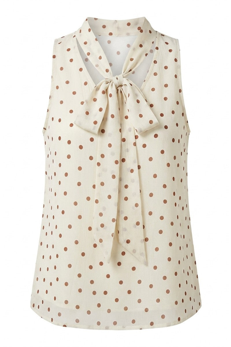 Sleeveless Tie Neck Polka Dot Blouse, Alternate, color, Beige