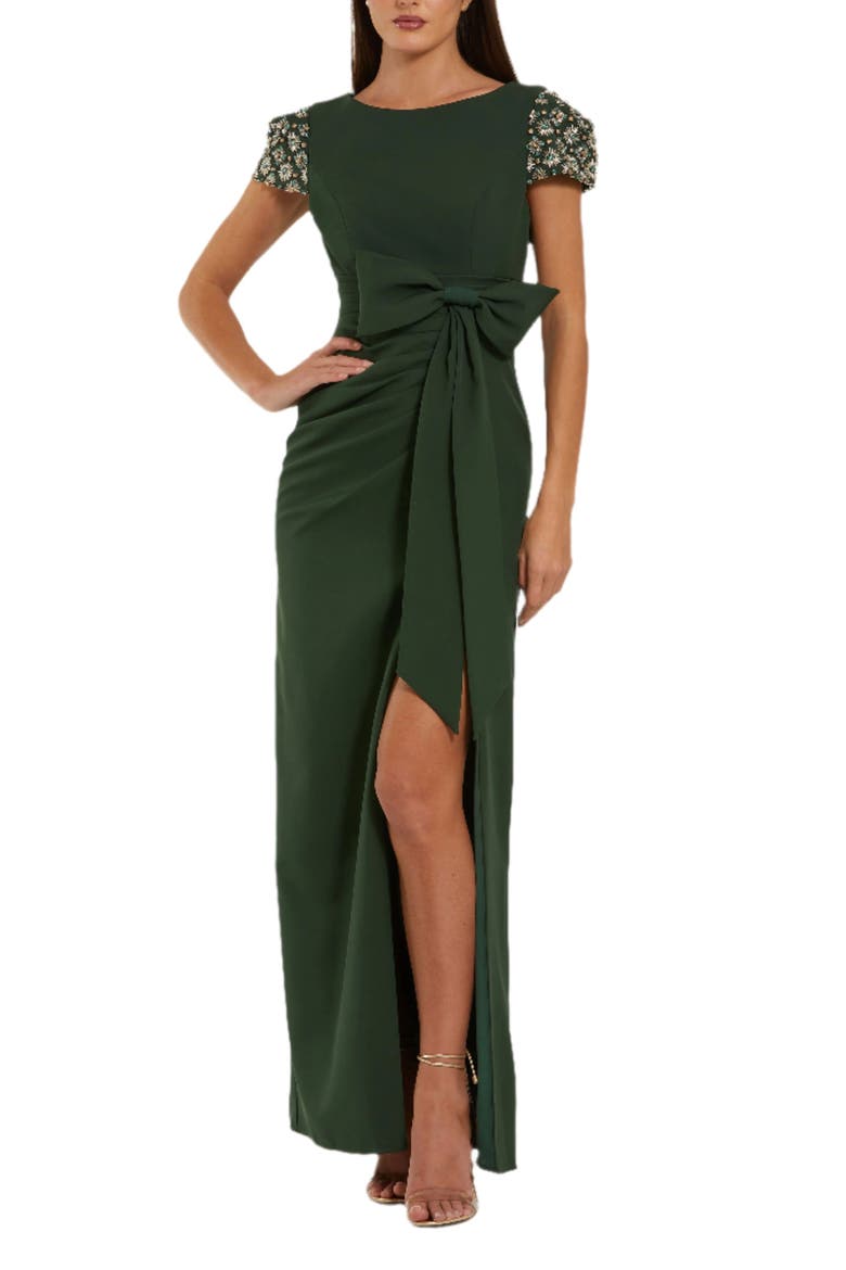 Women's Beaded Cap Sleeve Crepe Gown With Bow and Slit, Main, color, Forest Green