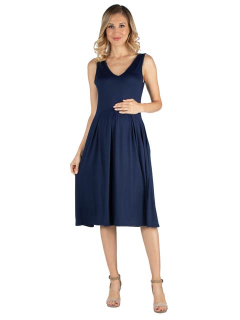 Maternity Fit and Flare Sleeveless Midi Dress with Pockets