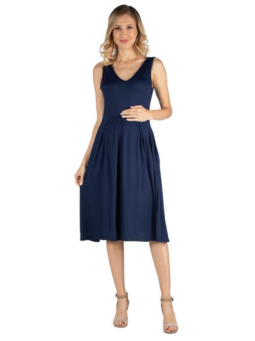 24seven Comfort Apparel Maternity Fit And Flare Sleeveless Midi Dress With Pockets In Blue
